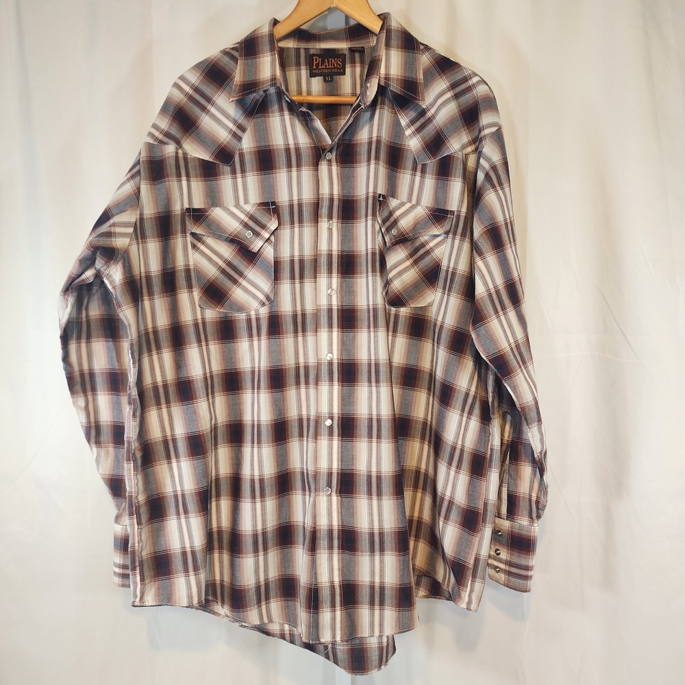 Plains Westernwear Mens Pearl Snap Button Front Brown/Blue Plaid LS Shirt XL